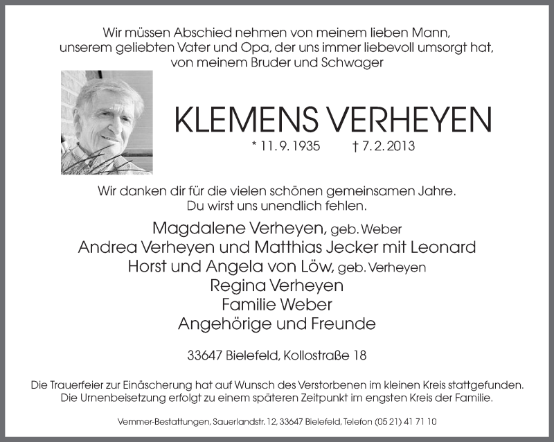  Traueranzeige für Klemens Verheyen vom 16.02.2013 aus Neue Westfälische
