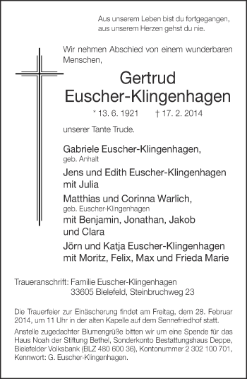 Traueranzeige von Gabriele Euscher-Klingenhagen von Neue Westfälische