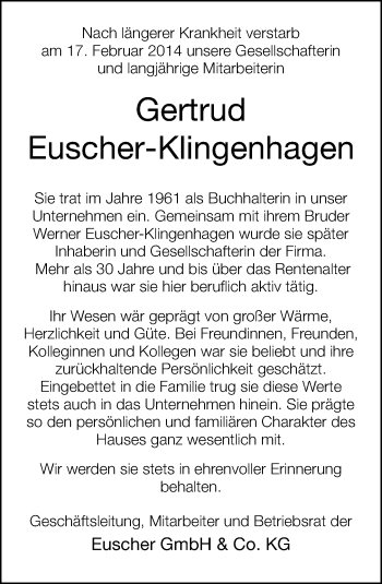 Traueranzeige von Gertrud Euscher-Klingenhagen von Neue Westfälische
