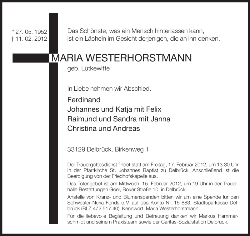  Traueranzeige für Maria Westerhorstmann vom 13.02.2012 aus Neue Westfälische