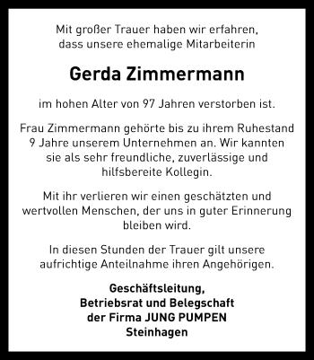 Traueranzeige von Gerda Zimmermann von Neue Westfälische