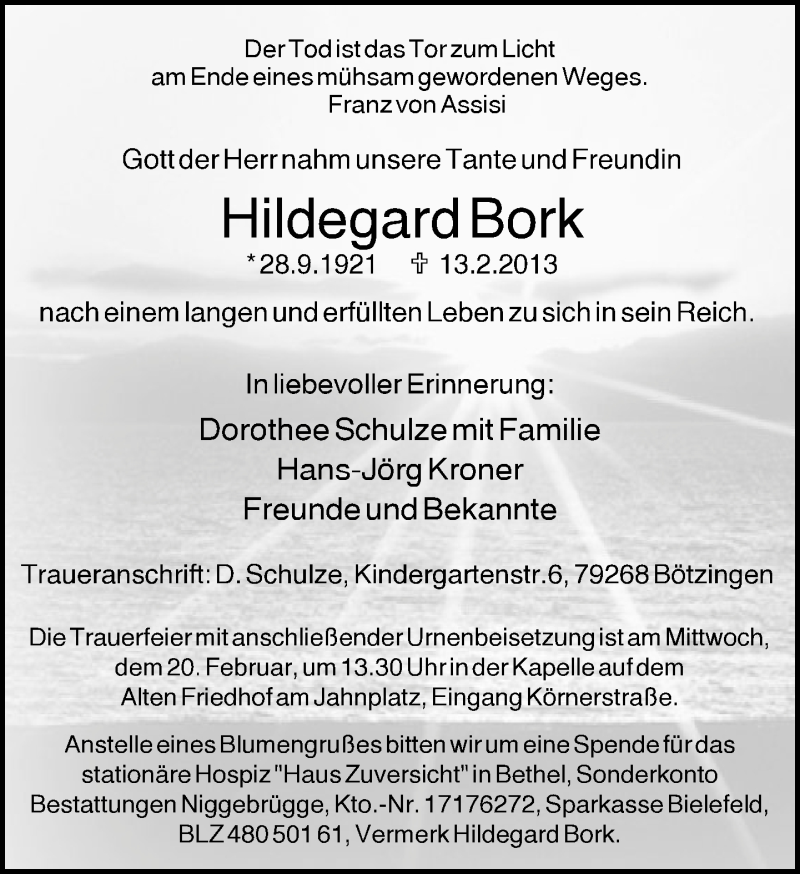  Traueranzeige für Hildegard Bork vom 16.02.2013 aus Neue Westfälische