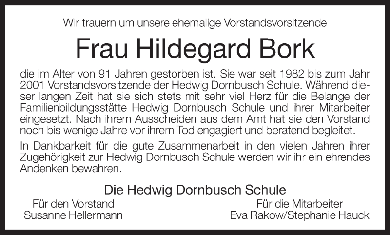  Traueranzeige für Hildegard Bork vom 18.02.2013 aus Neue Westfälische