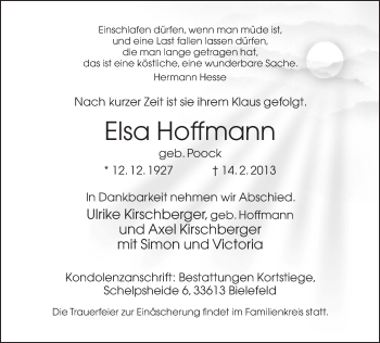 Traueranzeige von Elsa Hoffmann von Neue Westfälische