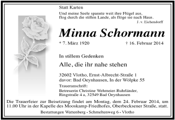 Traueranzeige von Minna Schormann von Neue Westfälische