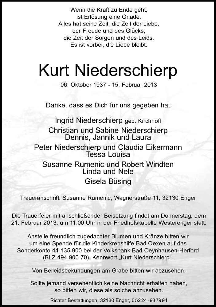  Traueranzeige für Kurt Niederschierp vom 18.02.2013 aus Neue Westfälische