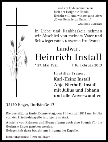 Traueranzeige von Heinrich Install von Neue Westfälische