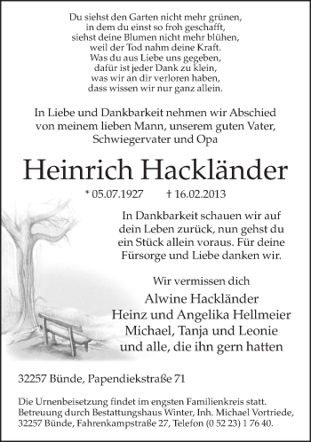 Traueranzeige von Heinrich Hackländer von Neue Westfälische