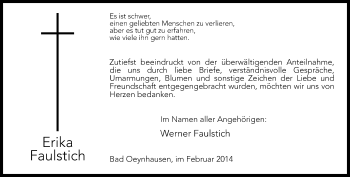 Traueranzeige von Erika Faulstich von Neue Westfälische