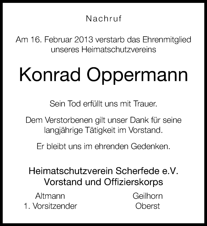  Traueranzeige für Konrad Oppermann vom 19.02.2013 aus Neue Westfälische