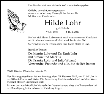 Traueranzeige von Hilde Lohr von Neue Westfälische
