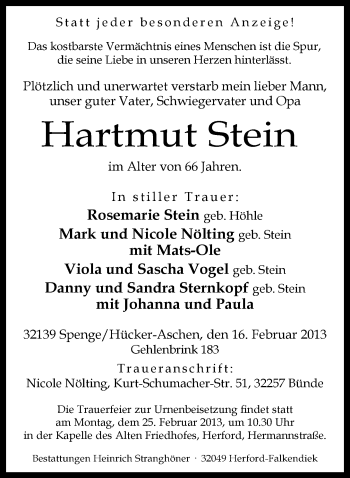 Traueranzeige von Hartmut Stein von Neue Westfälische