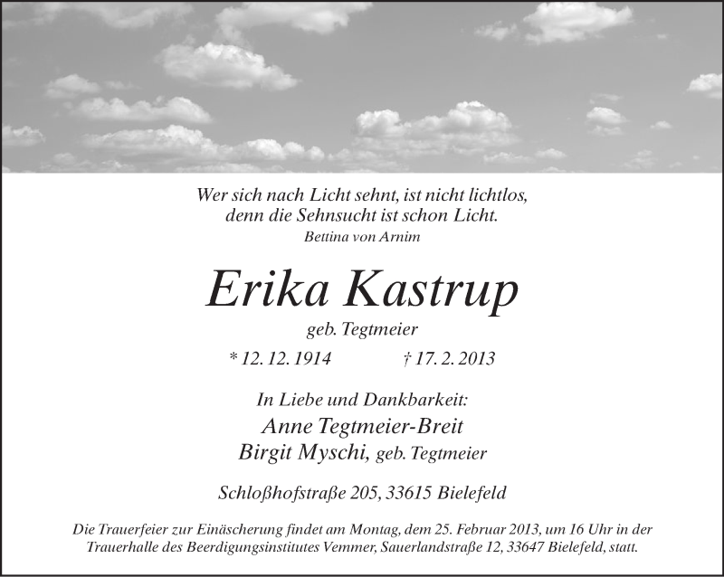  Traueranzeige für Erika Kastrup vom 21.02.2013 aus Neue Westfälische