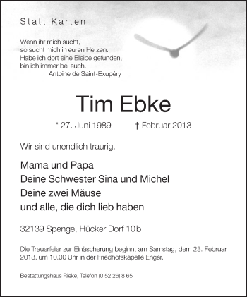 Traueranzeige von Tim Ebke von Neue Westfälische