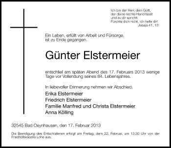 Traueranzeige von Günter Elstermeier von Neue Westfälische