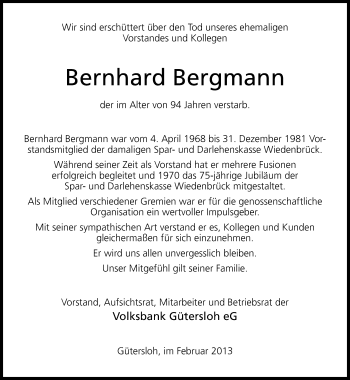 Traueranzeige von Bernhard Bergmann von Neue Westfälische