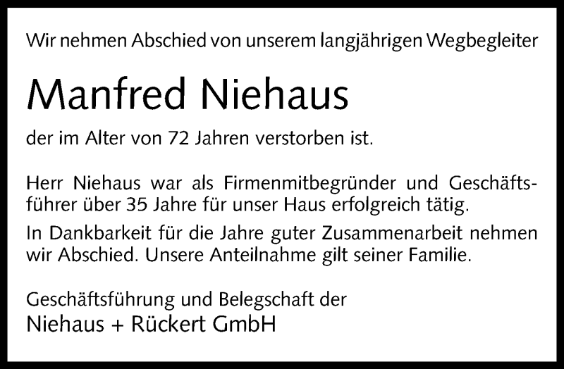  Traueranzeige für Manfred Niehaus vom 20.02.2013 aus Neue Westfälische