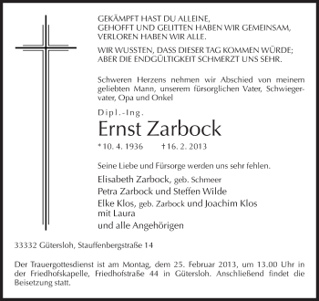 Traueranzeige von Ernst Zarbrock von Neue Westfälische