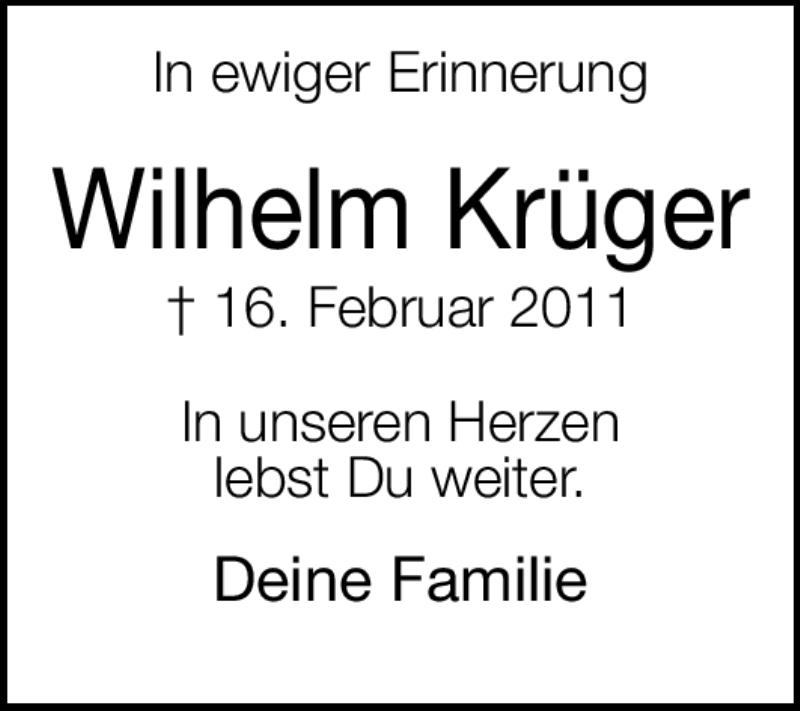  Traueranzeige für Wilhelm Krüger vom 16.02.2012 aus Neue Westfälische