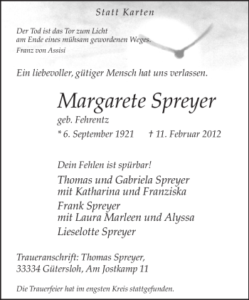 Traueranzeige von Margarete Spreyer von Neue Westfälische