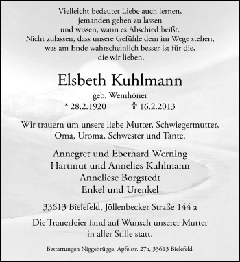 Traueranzeige von Elsbeth Kuhlmann von Neue Westfälische