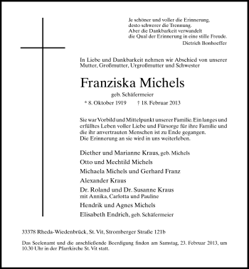 Traueranzeige von Franziska Michels von Neue Westfälische