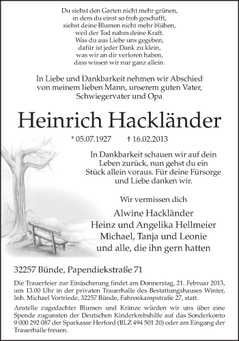 Traueranzeige von Heinrich Hackländer von Neue Westfälische