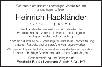 Traueranzeige von Heinrich Hackländer von Neue Westfälische