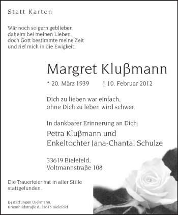 Traueranzeige von Margret Klußmann von Neue Westfälische