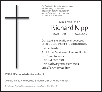 Traueranzeige von Richard Kipp von Neue Westfälische
