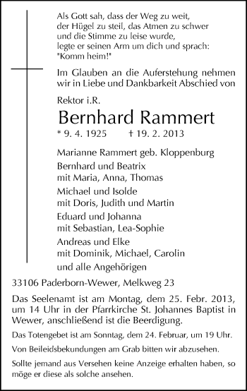 Traueranzeige von Bernhard Rammert von Neue Westfälische