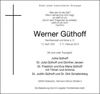Traueranzeige von Werner Güthoff von Neue Westfälische
