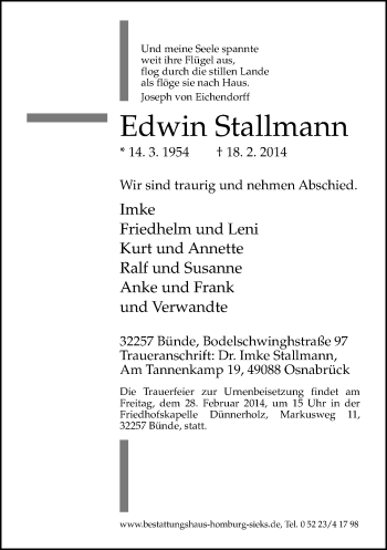Traueranzeige von Edwin Stallmann von Neue Westfälische