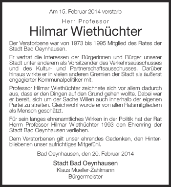 Traueranzeige von Hilmar Wiethüchter von Neue Westfälische