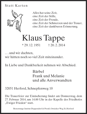 Traueranzeige von Klaus Tappe von Neue Westfälische