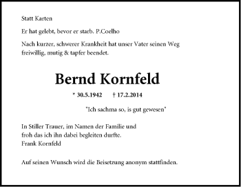Traueranzeige von Bernd Kornfeld von Neue Westfälische