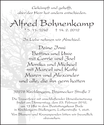 Traueranzeige von Alfred Bohnenkamp von Neue Westfälische