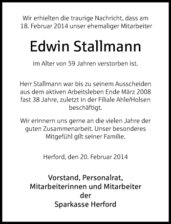 Traueranzeige von Edwin Stallmann von Neue Westfälische