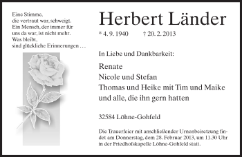 Traueranzeige von Herbert Länder von Neue Westfälische