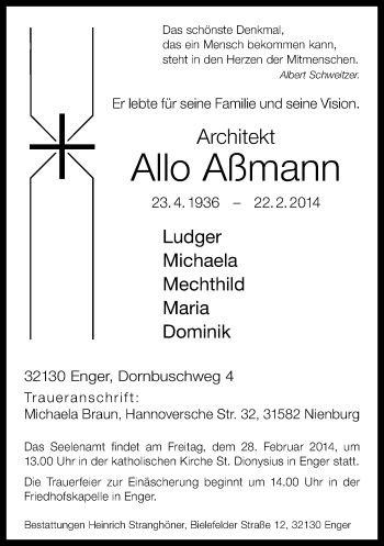 Traueranzeige von Allo Aßmann von Neue Westfälische