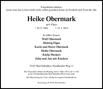 Traueranzeige von Heike Obermark von Neue Westfälische