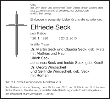 Traueranzeige von Elfriede Seck von Neue Westfälische