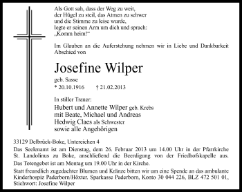 Traueranzeige von Josefine Wilper von Neue Westfälische