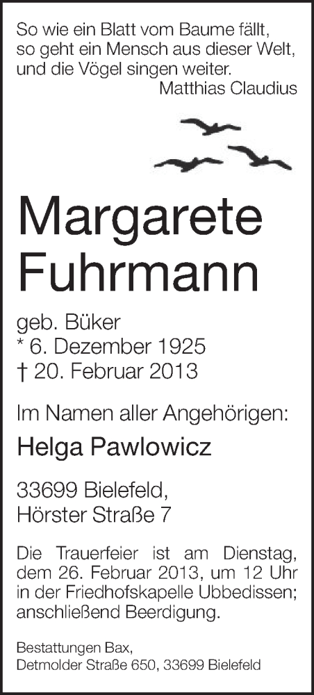  Traueranzeige für Margarete Fuhrmann vom 23.02.2013 aus Neue Westfälische