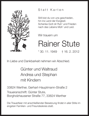 Traueranzeige von Rainer Stute von Neue Westfälische