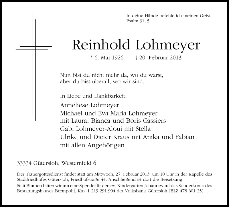 Traueranzeige für Reinhold Lohmeyer vom 23.02.2013 aus Neue Westfälische