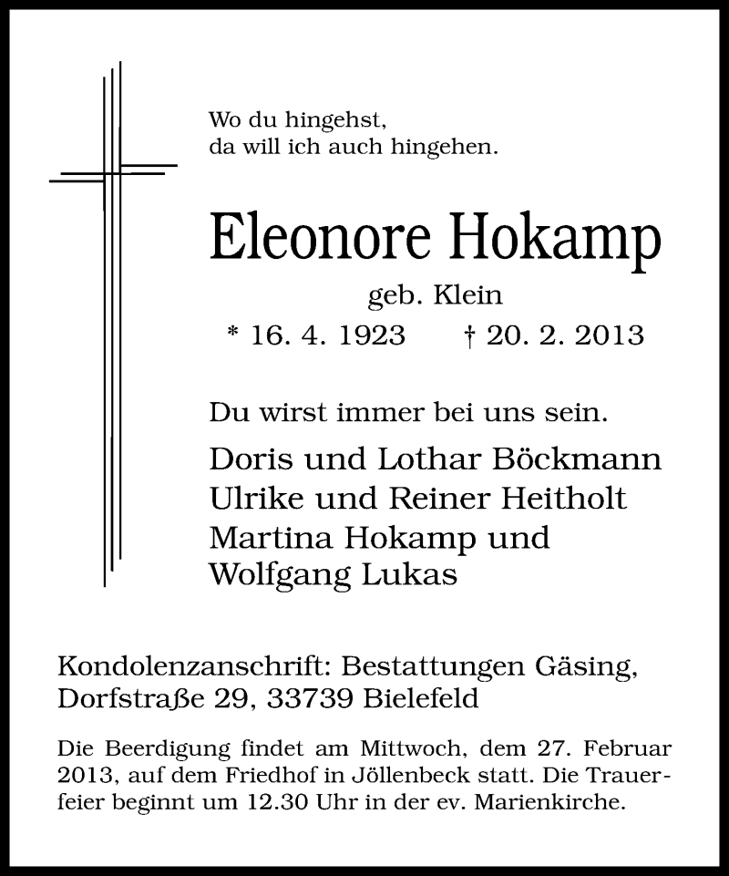  Traueranzeige für Eleonore Hokamp vom 23.02.2013 aus Neue Westfälische