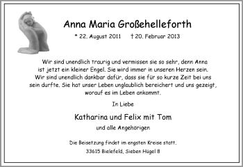 Traueranzeige von Anna Maria  Großehelleforth von Neue Westfälische