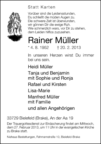 Traueranzeige von Rainer Müller von Neue Westfälische