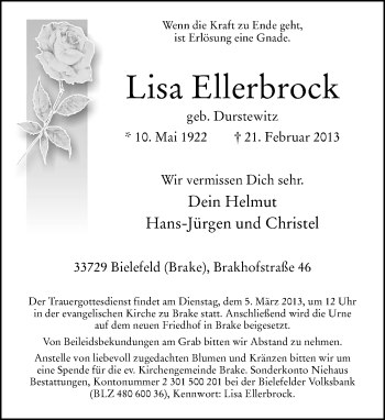 Traueranzeige von Lisa Ellerbrock von Neue Westfälische